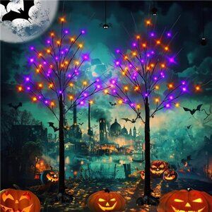 2 Pack 4FT Halloween Lighted Up Birch Tree, Total 96 LED Purple